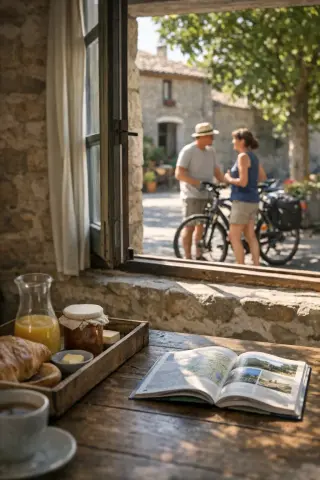 A view from inside a rustic guesthouse lounge looking out a window onto two people discussing plans in a sunlit village square, with a breakfast tray of local produce on a wooden table in the foreground.
