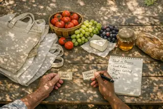 Hands of two people comparing local produce and labels on a market table with bags, cheese, fruits, and handwritten notes in a shaded village setting