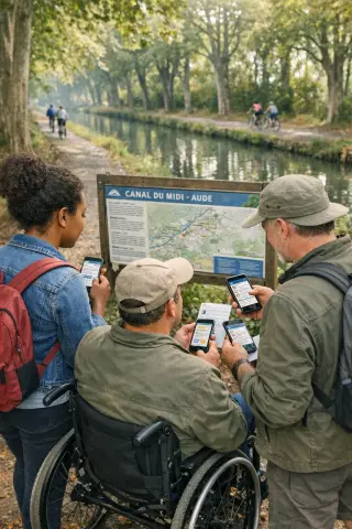 Three people, including one in a wheelchair, consult an information board and guides beside a quiet canal path under trees in spring, discussing activity options.