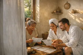 Three people in a tranquil spa room study treatment menus together, natural light streaming in through a window, atmosphere calm and authentic.