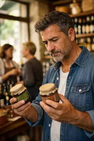 Client in a local epicerie fine compares jars of tapenade, while a staff member gives advice nearby, bathed in soft natural light.