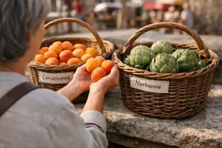 Hands of a woman comparing produce from Carcassonne and Narbonne markets, baskets on a stone bench, subtle background activity