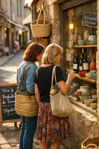 Two women stand in a sunlit street of a southern French town, quietly comparing items through a boutique window filled with local crafts, their expressions thoughtful and engaged.