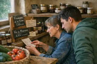 Two women thoughtfully compare apples and price tags in a small, rustic organic grocery, natural light highlighting local produce and handwritten labels.