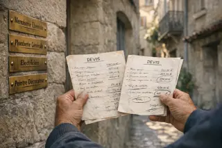 Local person comparing artisan quotes in a quiet Carcassonne street, with nameplates and historic stone walls, under soft afternoon light.