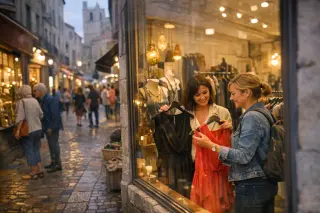 Two women inside a chic boutique in Narbonne’s historic center, comparing clothes by a window, with a shopkeeper nearby and people passing along the softly lit street outside.