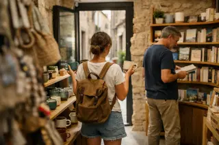 A woman browses ceramics in a sunlit concept store with stone walls, while a man looks at books; eco-friendly products visible in the foreground, street glimpsed through the open door.