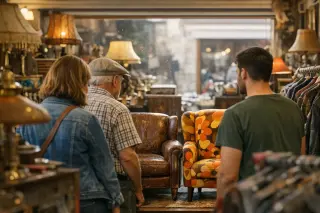 Group of shoppers comparing two armchairs in a vintage shop, cluttered with retro decor, warm daylight, candid scene