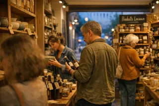 Locals browsing and thoughtfully comparing products inside a cozy Narbonne concept store, captured from an immersive perspective with natural and indoor lighting.