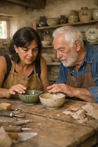 Two people in a rustic artisan workshop quietly compare handmade ceramics on a wooden table, with tools and pottery around them in warm, natural light.