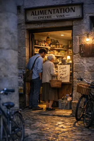Small Aude village store with an elderly shopkeeper sorting local produce, handwritten ledger and regionally labeled baskets on worn counter, young woman examining chalkboard of product origins in natural light.