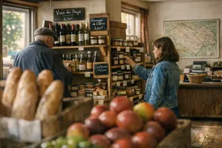 Two people’s hands reaching for a ceramic object in a cozy, authentic boutique in a French village, with shelves of local gifts and a discreet shopkeeper in the background