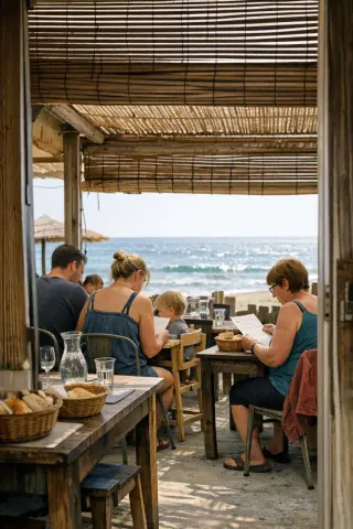 Entrance view of a modest beachside restaurant with diners, handwritten menus, and a glimpse of the sea beyond the terrace, captured in soft natural daylight.