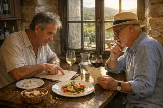 Two people in a rustic wine bar comparing menus, sunlight through window, remains of previous meal on the table, natural and candid atmosphere.