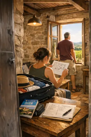 Open suitcase and comparison notes on a table, a couple quietly exploring a rustic gîte interior with sunlight streaming through, evoking decision and planning atmosphere.