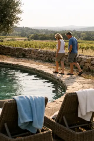 Middle-aged couple quietly walking beside a uniquely shaped hotel pool set against the rural backdrop of vineyards in the Aude at sundown, with untouched towels on nearby chairs suggesting a moment of choice.