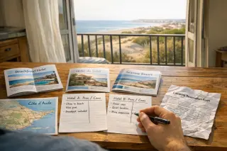 An authentic, lived-in rental with maps, brochures, and a hand-written comparison of seaside lodgings on a desk, sunlit balcony doors open to a distant beach view.