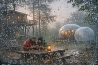 Two travelers compare brochures at a rustic table near unique cabins and a bubble lodging amid misty pines, viewed through a rain-speckled window at dawn.